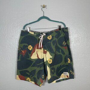 Rhythm Men 36 Green Black Hawaiian Print Floral Board Shorts Lace Up Swim Beach